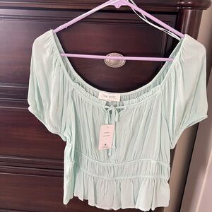 Pink Rose Green Smocked Tie Front Blouse